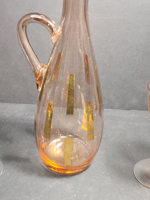 Mid Century Modern 15' Blown Decanter with Polished Pontil and 6 / 6 inch Goblets Pinkish Brown Tones Atomic Age Design.