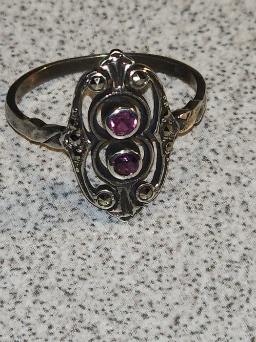 Timeless Double Amethyst and Marcasite Sterling Ring - German Import, Size 7 (1980), David's Antiques and Oddities