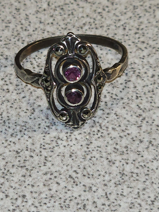 Timeless Double Amethyst and Marcasite Sterling Ring - German Import, Size 7 (1980), David's Antiques and Oddities