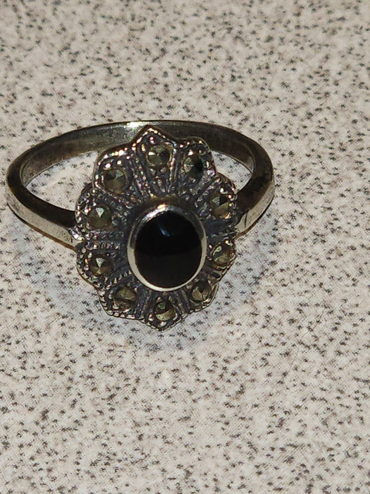 Title: Elegant Marcasite and Black Onyx Sterling Silver Ring - German Import, Size 7.25 (1980s)