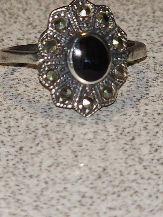 Title: Elegant Marcasite and Black Onyx Sterling Silver Ring - German Import, Size 7.25 (1980s)