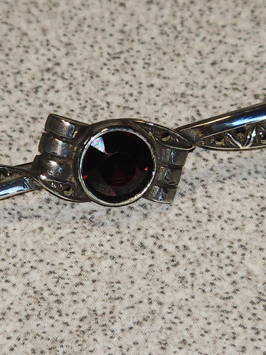 Title: Elegant Garnet and Marcasite Sterling Silver Bar Pin - German Import (1980)