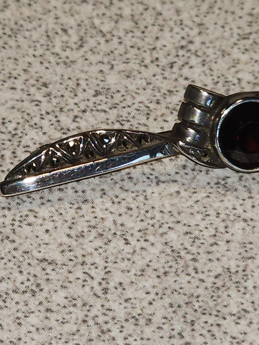 Title: Elegant Garnet and Marcasite Sterling Silver Bar Pin - German Import (1980)