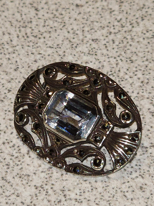 Aquamarine (synthetic) and marcasite set in sterling oval 1 ' diameter, David's Antiques and Oddities