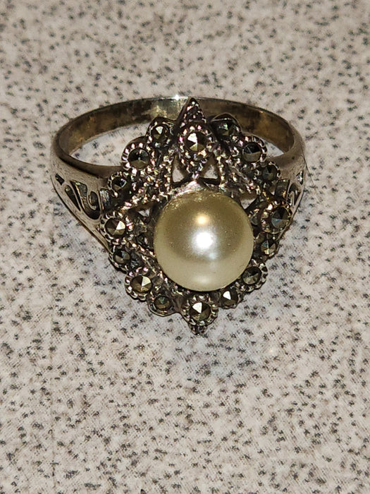 marcasite and cultured pearl set in sterling silver size 6 1980 german import, David's Antiques and Oddities