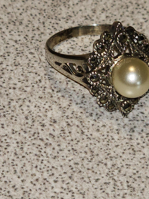 marcasite and cultured pearl set in sterling silver size 6 1980 german import, David's Antiques and Oddities