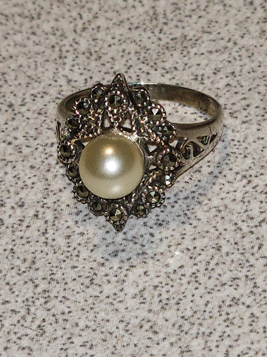 marcasite and cultured pearl set in sterling silver size 6 1980 german import, David's Antiques and Oddities