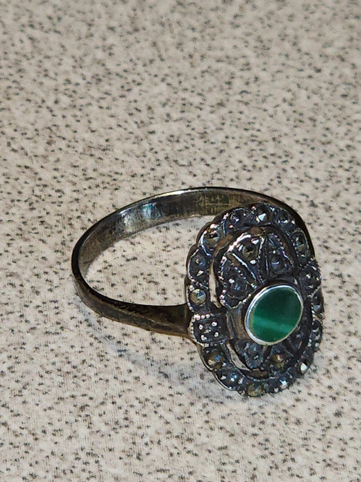 Title: Vintage Marcasite and Green Onyx Sterling Silver Ring, Size 7.75, Imported from Germany, 1980