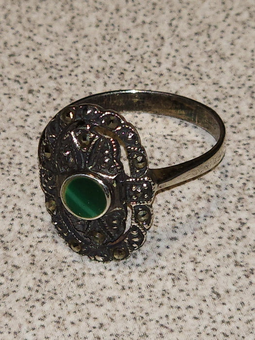 Title: Vintage Marcasite and Green Onyx Sterling Silver Ring, Size 7.75, Imported from Germany, 1980