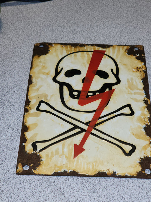 German 6"x4.5" warning skull sign white and red Eagle with swastika embossed on back, David's Antiques and Oddities