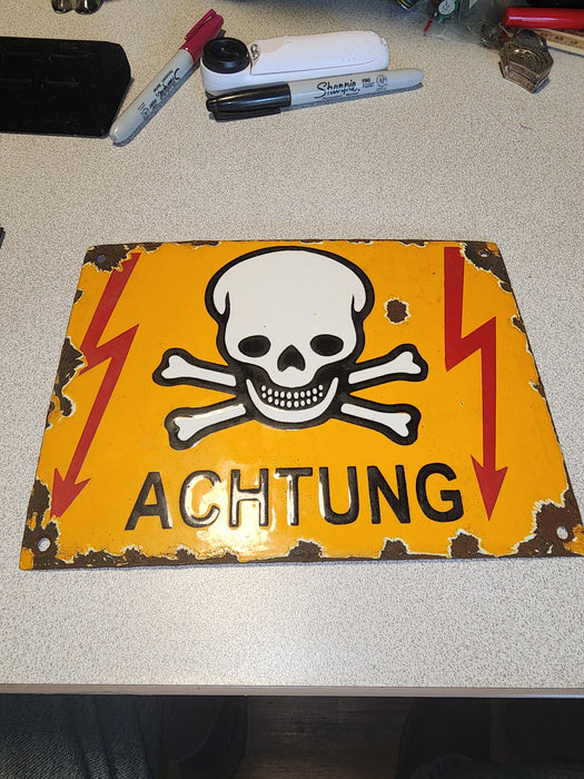 Achtung german warning sign 6"x8"  enamel yellow and red with skull wegal with swastika on back, David's Antiques and Oddities