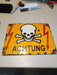 Achtung german warning sign 6"x8"  enamel yellow and red with skull wegal with swastika on back, David's Antiques and Oddities