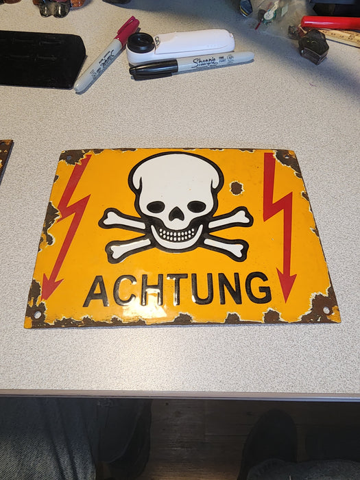 Achtung german warning sign 6"x8"  enamel yellow and red with skull wegal with swastika on back, David's Antiques and Oddities