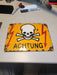 Achtung german warning sign 6"x8"  enamel yellow and red with skull wegal with swastika on back, David's Antiques and Oddities