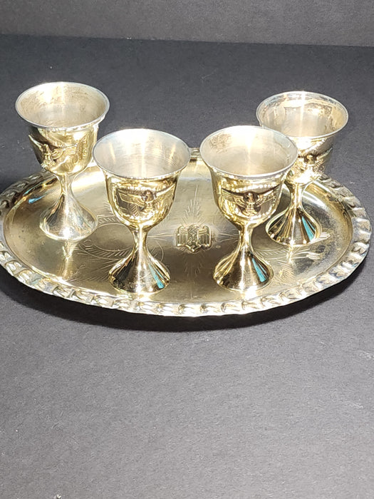 Title: Set of 4 Silver-Plated Schnapps Cups with Tray Featuring Brass Eagle and Swastika Embellishments