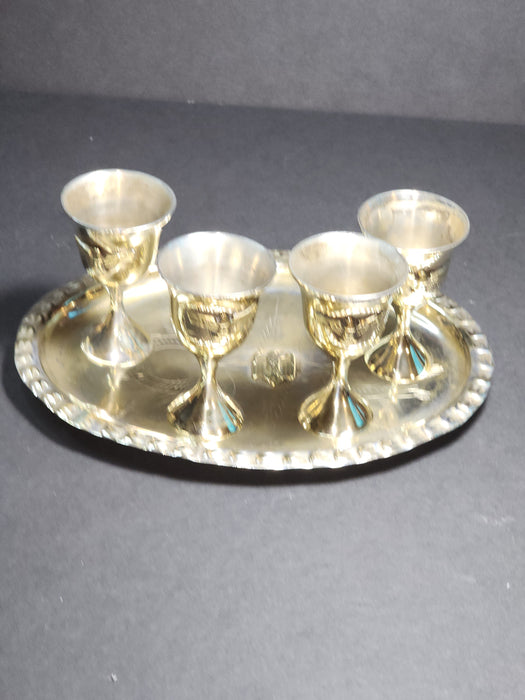 Title: Set of 4 Silver-Plated Schnapps Cups with Tray Featuring Brass Eagle and Swastika Embellishments