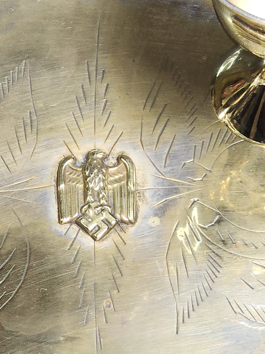 Title: Set of 4 Silver-Plated Schnapps Cups with Tray Featuring Brass Eagle and Swastika Embellishments