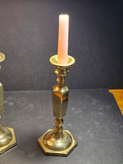 Title: 1960s/70s Brass Candlestick Pair: A Blend of Geometry and Craftsmanship, David's Antiques and Oddities