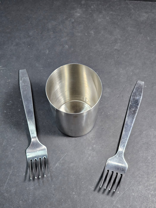 Iraqi Field Mess Kit, 2 Forks and cup, stainless. Cup 4" high forks 7" long, David's Antiques and Oddities