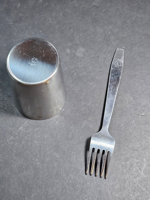 Iraqi Field Mess Kit, 2 Forks and cup, stainless. Cup 4" high forks 7" long, David's Antiques and Oddities