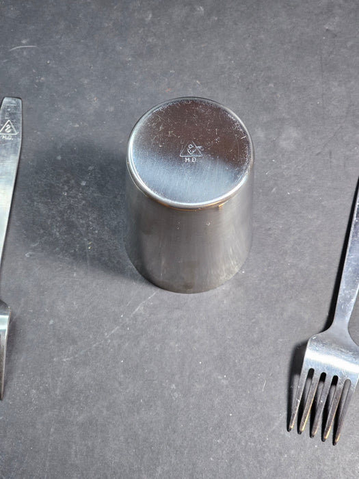 Iraqi Field Mess Kit, 2 Forks and cup, stainless. Cup 4" high forks 7" long, David's Antiques and Oddities