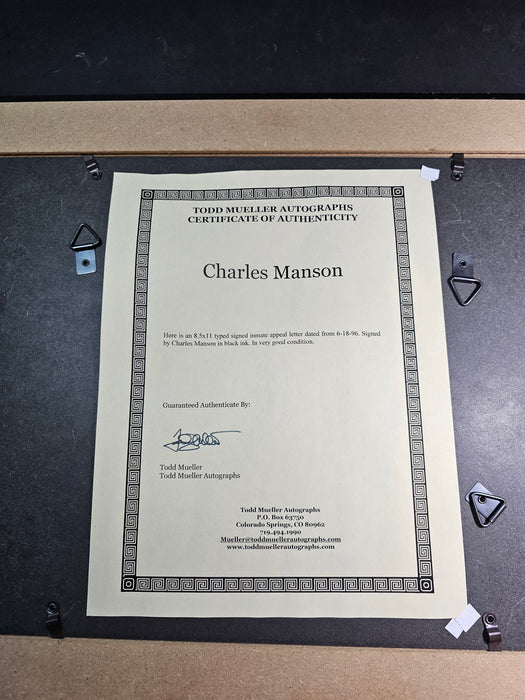 Charles Manson Prison write up and photo with 2 certified autographs 16 x20 with frame, David's Antiques and Oddities