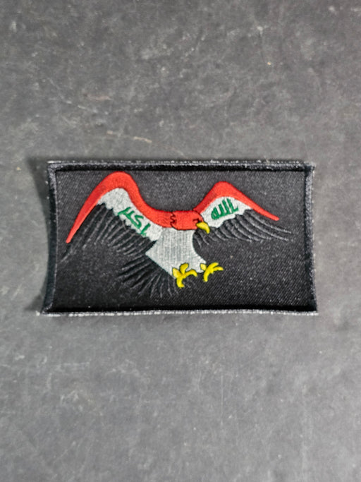 iraqi Eagle patch 2.5 x4" Unused red on black coloration, David's Antiques and Oddities