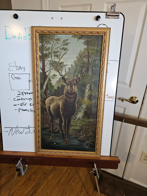 Painting on canvas 1920s Deer as found use pics 17 x31 w/ frame Excellent image, David's Antiques and Oddities