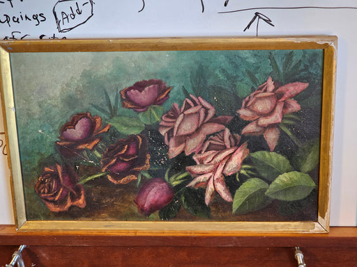 Victorian Floral Canvas 21.5x13.5 w/frame Boston Mass.Greens pink and mauve, Artwork, David's Antiques and Oddities