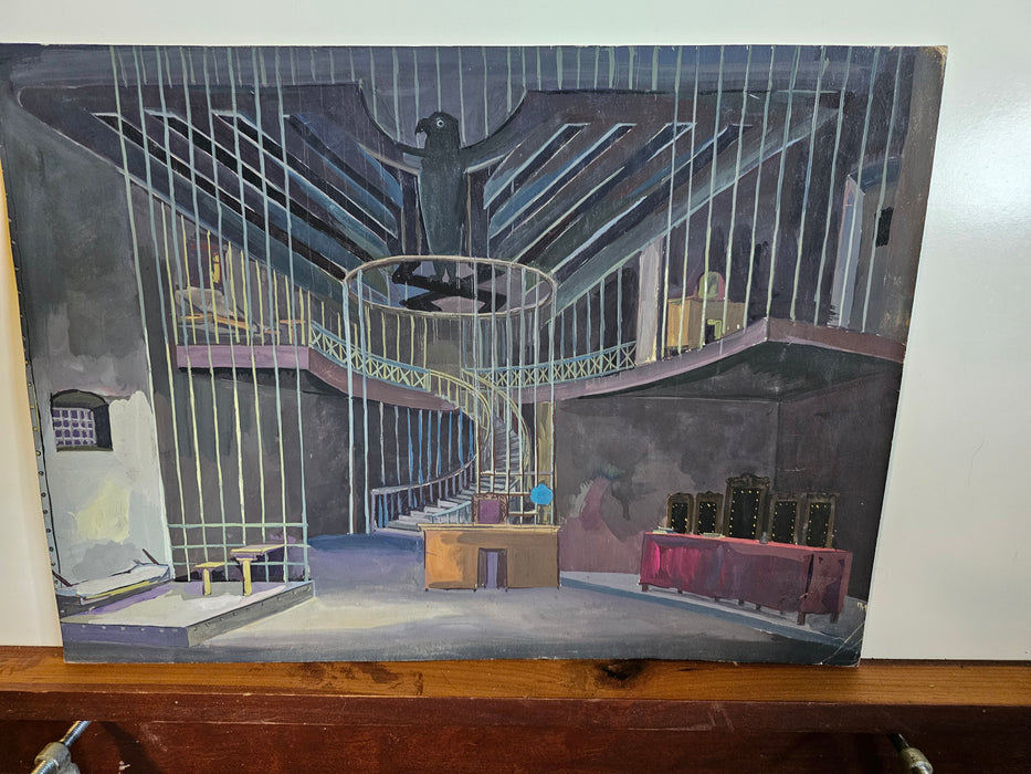 Vintage gouache painting Theater stage German Third Reich prison court design