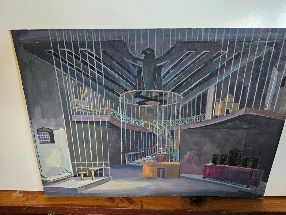 Vintage gouache painting Theater stage German Third Reich prison court design