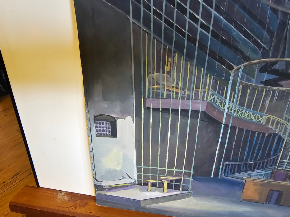 Vintage gouache painting Theater stage German Third Reich prison court design