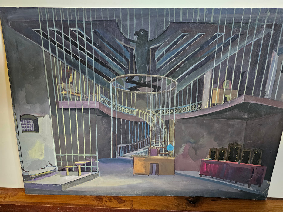 Vintage gouache painting Theater stage German Third Reich prison court design