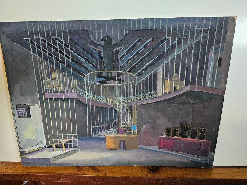 Vintage gouache painting Theater stage German Third Reich prison court design