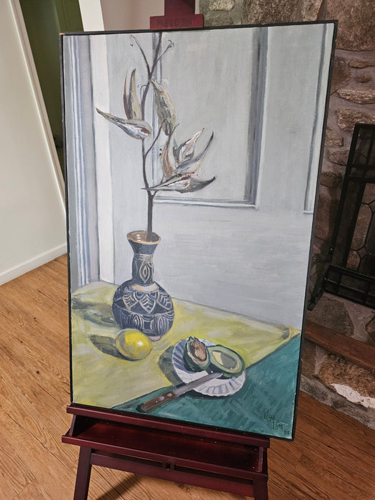 OIL PAINTING ON CANVAS, STILL LIFE, ARTIST SGINED LOWER RIGHT, APPROXIMATELY 25 IN X 39 IN