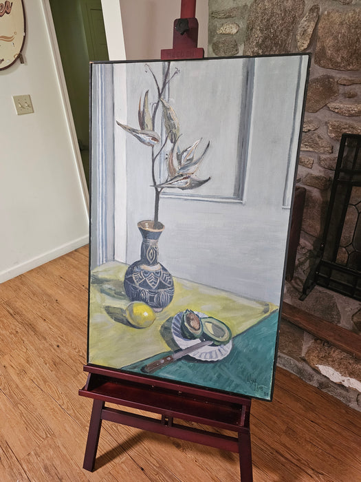 OIL PAINTING ON CANVAS, STILL LIFE, ARTIST SGINED LOWER RIGHT, APPROXIMATELY 25 IN X 39 IN