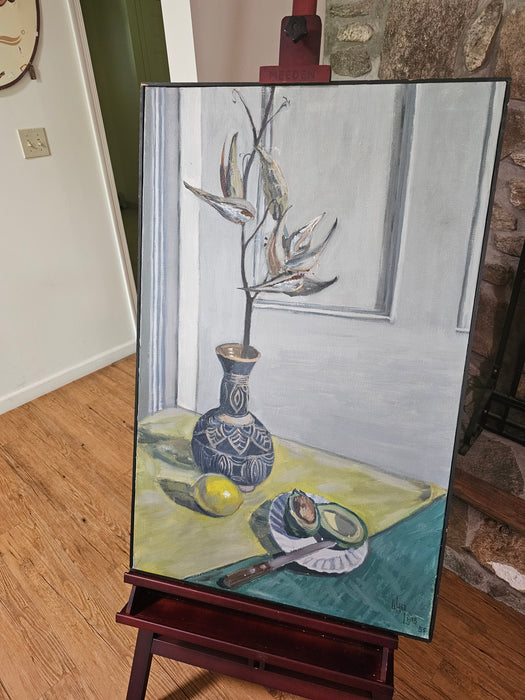 OIL PAINTING ON CANVAS, STILL LIFE, ARTIST SGINED LOWER RIGHT, APPROXIMATELY 25 IN X 39 IN