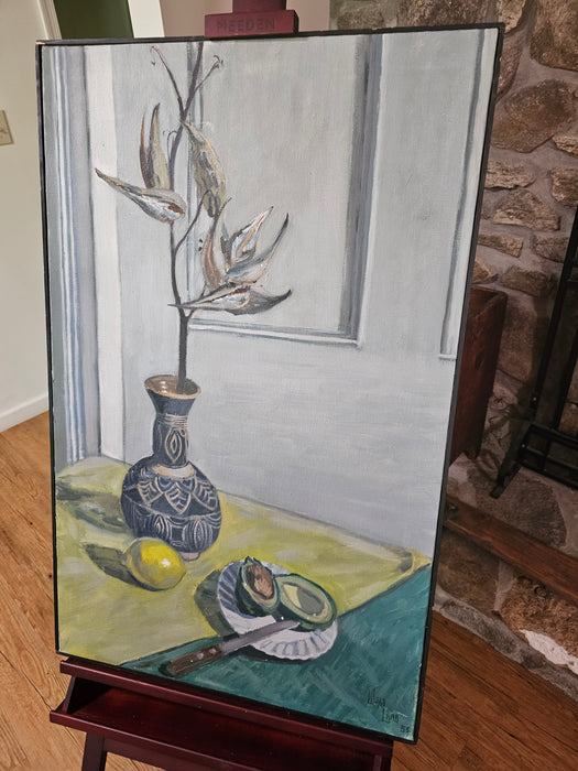 OIL PAINTING ON CANVAS, STILL LIFE, ARTIST SGINED LOWER RIGHT, APPROXIMATELY 25 IN X 39 IN