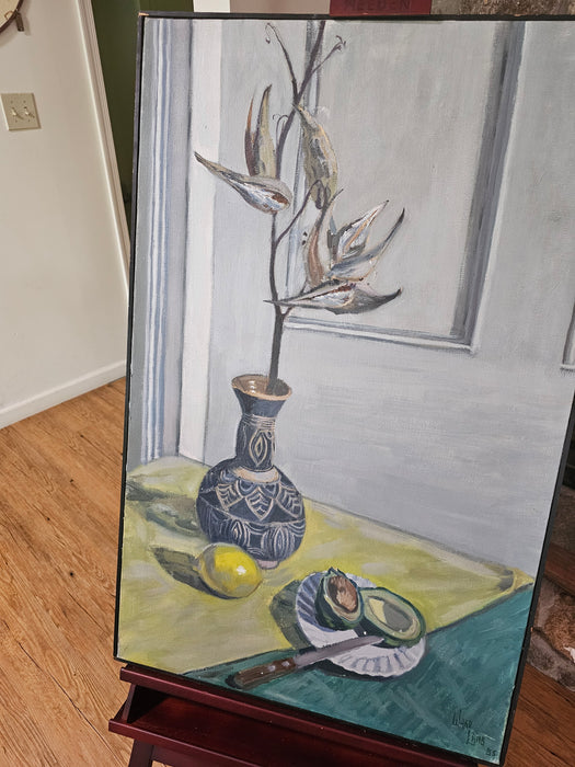 OIL PAINTING ON CANVAS, STILL LIFE, ARTIST SGINED LOWER RIGHT, APPROXIMATELY 25 IN X 39 IN