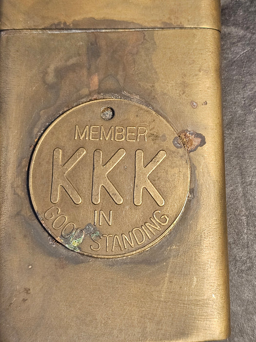 KKK membership badge on  bussiness card holder 2x4, bussiness card holder, Business Card Stands, David's Antiques and Oddities