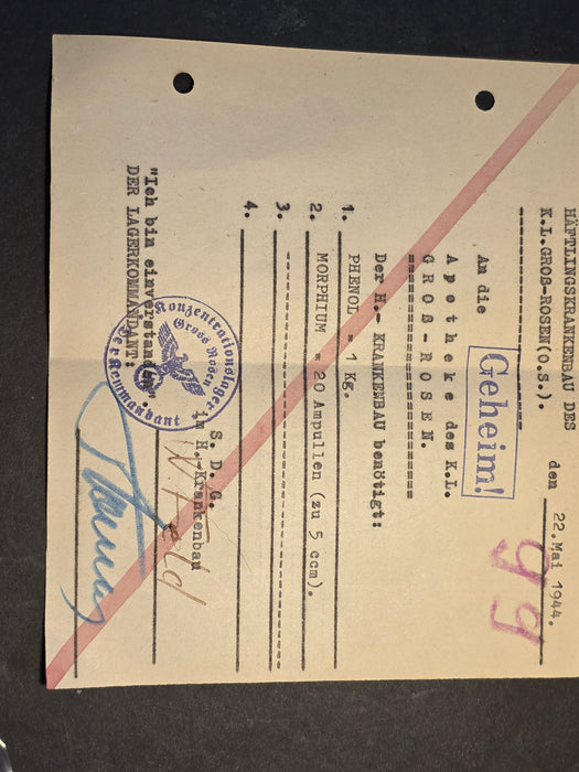 GERMAN WWII MEDICAL DOCUMENT from GROSS-ROSEN, 1944, autograph, Autographs, David's Antiques and Oddities