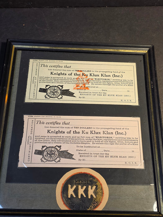 1922 Ku Klux Klan Framed Historical Collection - Donation Certificates & "Member in Good Standing" Token, Badge, Collectibles, David's Antiques and Oddities