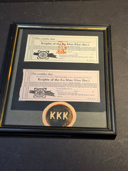 1922 Ku Klux Klan Framed Historical Collection - Donation Certificates & "Member in Good Standing" Token, Badge, Collectibles, David's Antiques and Oddities