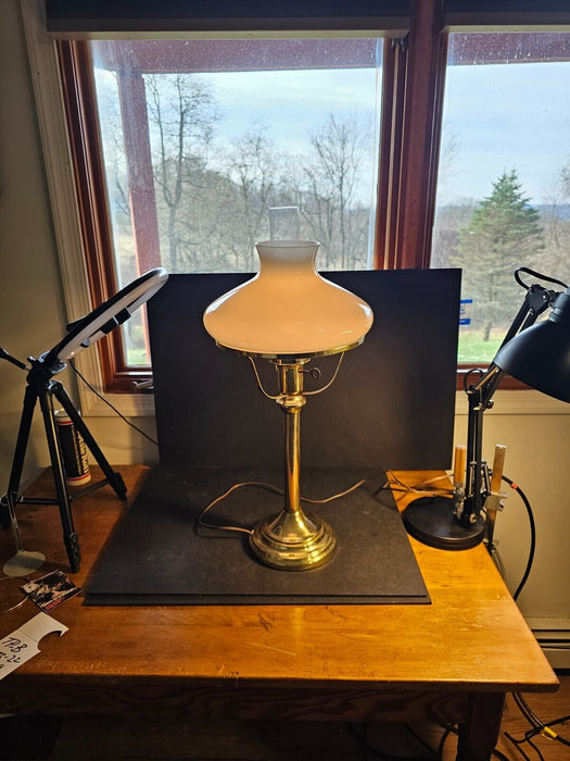 Student style light 1970s 21" tall brass great globe and chimney  Works, Antiques, David's Antiques and Oddities