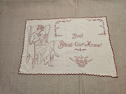 1930s/40s needle work 20 x30 Bless Our Home. Red and off white, Antiques, David's Antiques and Oddities