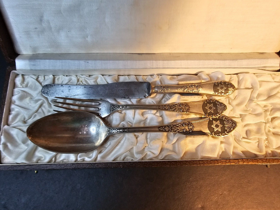 ww2 Jewish spoon fork and knife/ J. Farget/ silver plate/ Est Date 1940s/Poland, Antiques, David's Antiques and Oddities