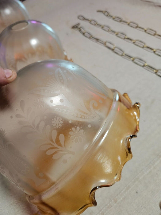 Light globes 10" wide 8" H/Etched as pictured clear frosted to amber as found, Antiques, David's Antiques and Oddities