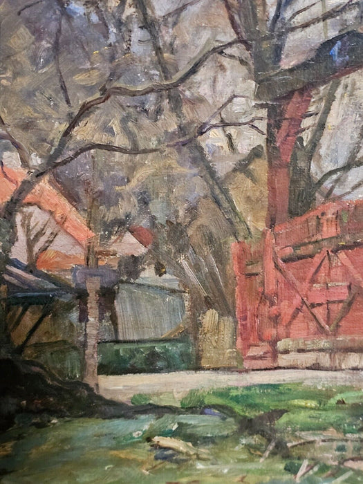 OIL PAINTING ON CANVAS OF COTTAGE IN WOODS, ARTIST SIGNED LUDWIG HOLM 1927 20x22, Antiques, David's Antiques and Oddities