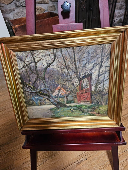 OIL PAINTING ON CANVAS OF COTTAGE IN WOODS, ARTIST SIGNED LUDWIG HOLM 1927 20x22, Antiques, David's Antiques and Oddities