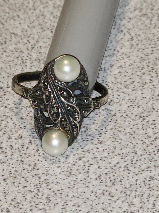 Vintage Marcasite and Cultured Pearls Sterling Silver Ring, Size 7.5, Antiques, David's Antiques and Oddities